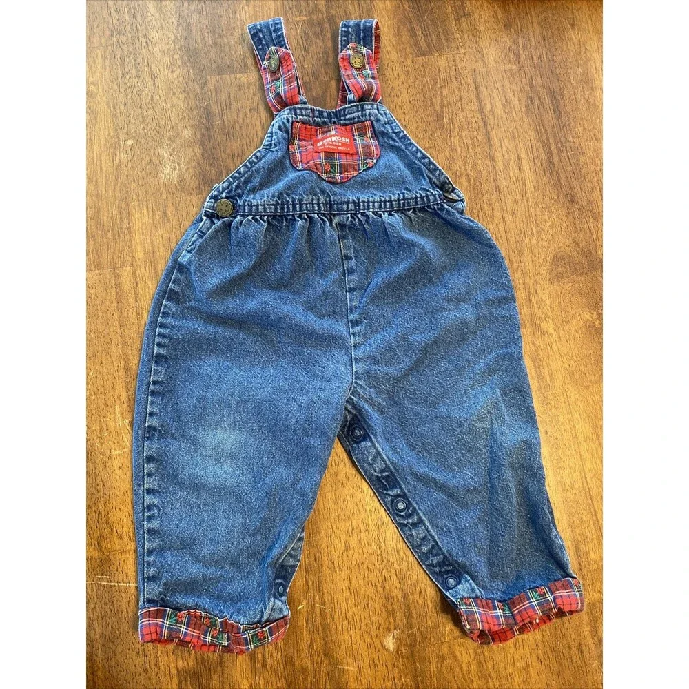Vintage Oshkosh Bubble Overalls Bibs 24 Months Girls Denim And Red Plaid Floral
